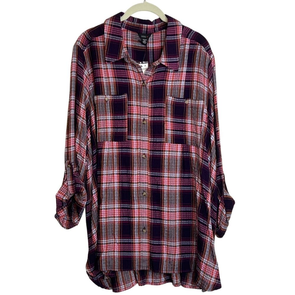 Intro Womens Tunic Top Size 2X Purple Pink Plaid Button Up Roll Tab Long Sleeve
